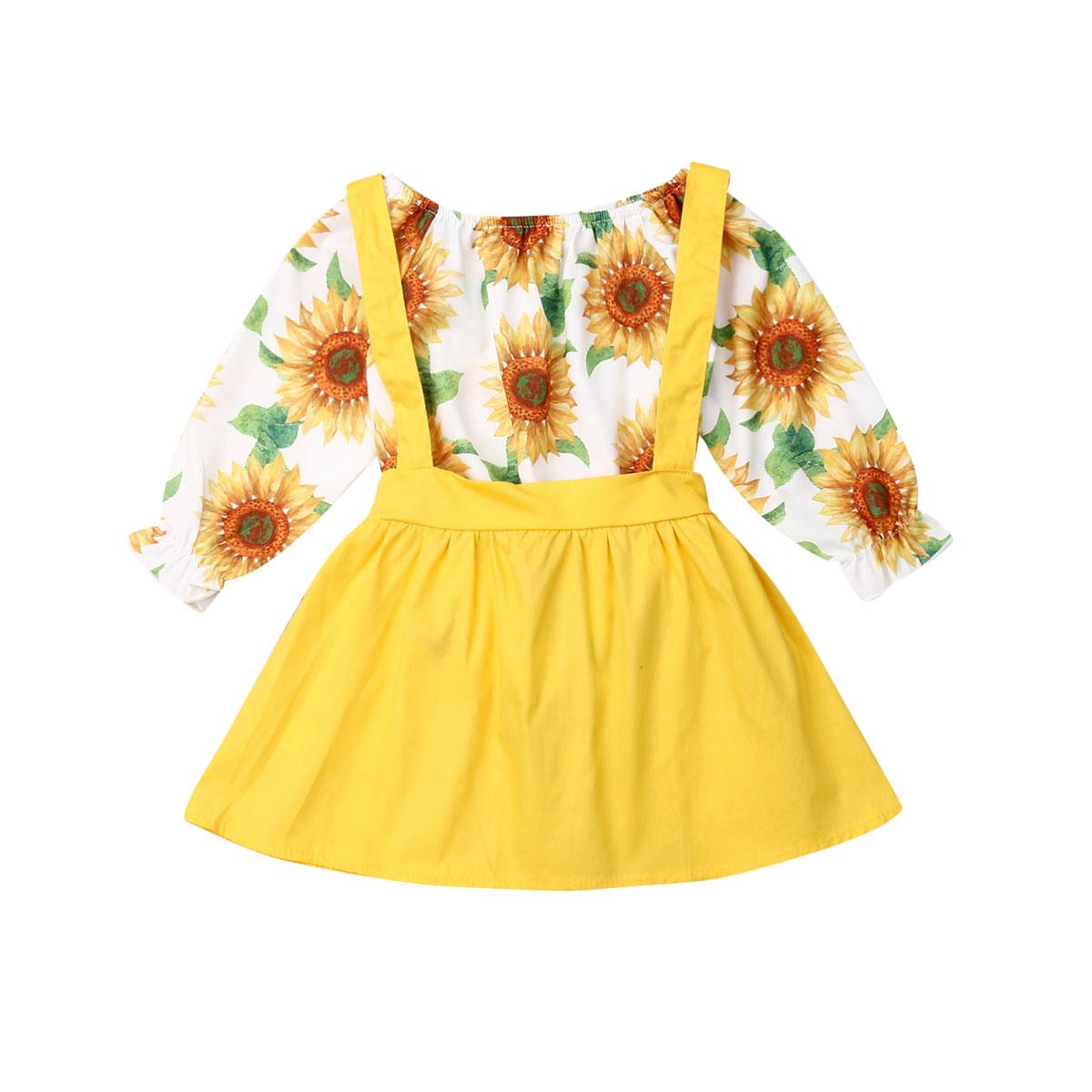 Изображение товара: Одежда для маленьких девочек коллекция 2019 года, осенняя одежда с подсолнухами для маленьких девочек, ремешок комбинезона с длинными рукавами, платье комплект из 2 предметов