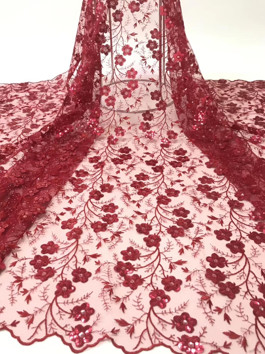 Изображение товара: 1 ярд блесток Сливовый цветок на сетке вышивка кружевная ткань Африканское французское кружево ткань свадебное платье кружевная ткань