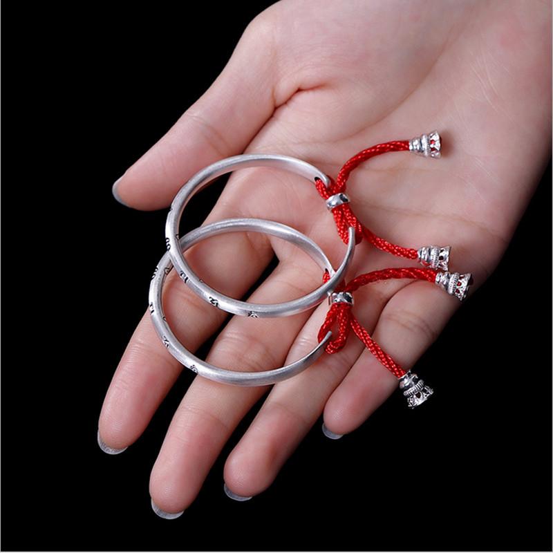 Изображение товара: Uglyless 1 пара, браслеты для новорожденных, высококачественные серебряные браслеты, открытые веревочные браслеты, буддизм, шесть слов, блага, серебряные браслеты 99.9%