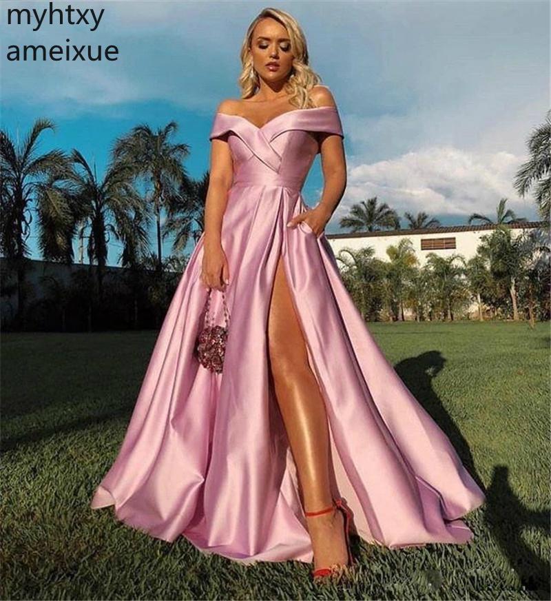 Изображение товара: Женское атласное вечернее платье, розовое плиссированное платье с открытыми плечами, молнией на спине, длинное платье для вечерние, 2021