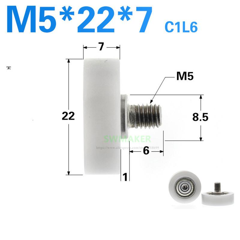 Изображение товара: 10 шт. M5 * 22*7 мм с пластиковым покрытием 625 подшипник шкив, M5 внешний шуруп, ящик для показа шкафа направляющего колеса POM плоский