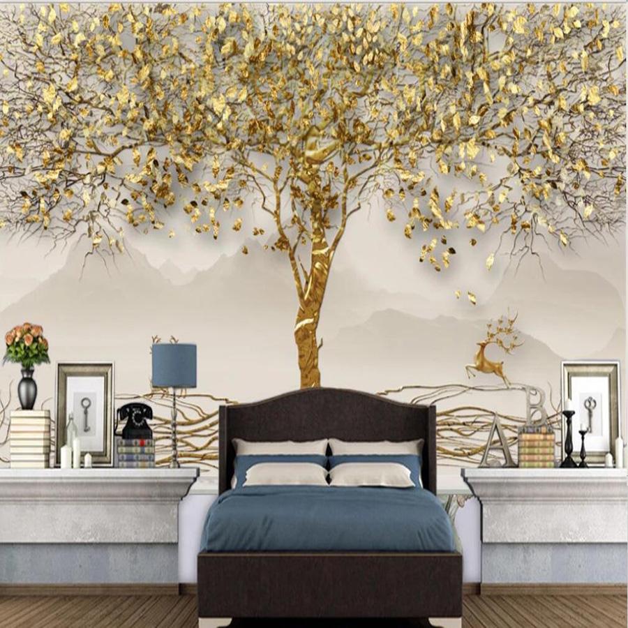 Изображение товара: 3D Настенные обои на заказ, с золотыми листьями, лесом, лосем, пейзажем, ТВ-фоном, Настенная декоративная живопись