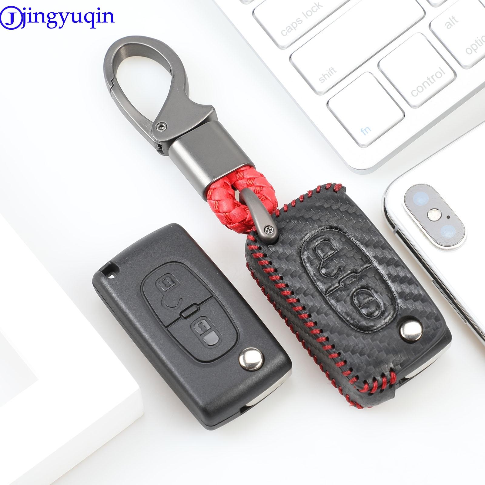 Изображение товара: Чехол для автомобильных ключей jingyuqin, кожаный карбоновый чехол 2B для PEUGEOT 207, 307, 308, 407, 408, для Citroen C3, C4, C4L, C5, C6