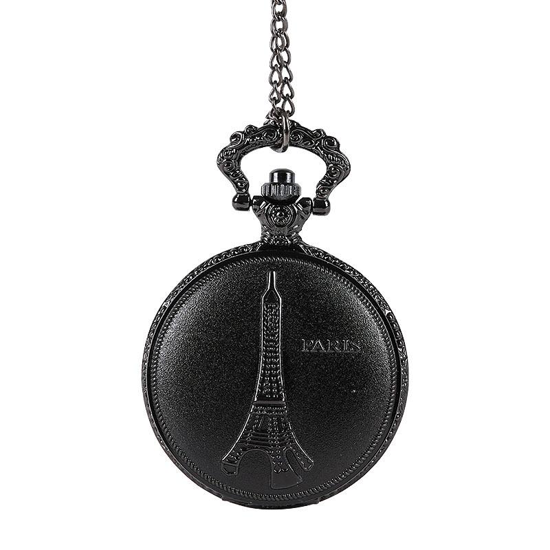 Изображение товара: Большие винтажные Ретро резные карманные часы черное ожерелье матовая текстура Эйфелева башня карманные часы с цепочкой