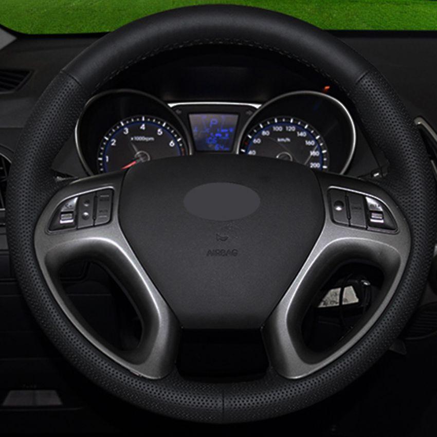 Изображение товара: Сшитая вручную Обложка рулевого колеса, черная искусственная кожа, фотообложка для Hyundai ix35 Tucson 2011-2015