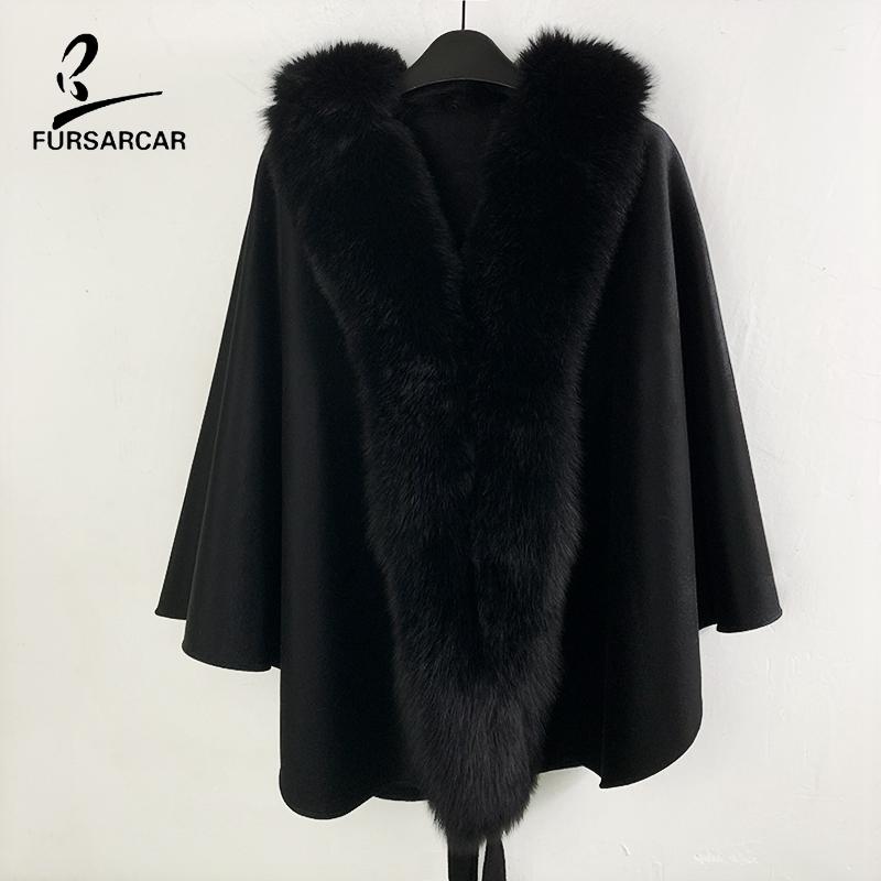 Изображение товара: Новинка, модная женская шаль FURSARCAR из натурального меха с поясом, большой воротник из натурального меха лисы для женщин, черная шерстяная накидка