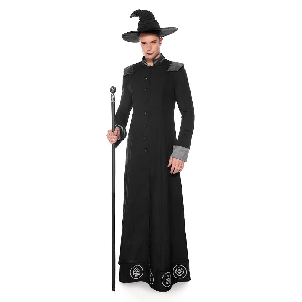 Изображение товара: Костюм ведьмы на Хэллоуин для мужчин, Длинная черная одежда для взрослых, карнавальный волшебник, средневековый косплей, униформа пророка