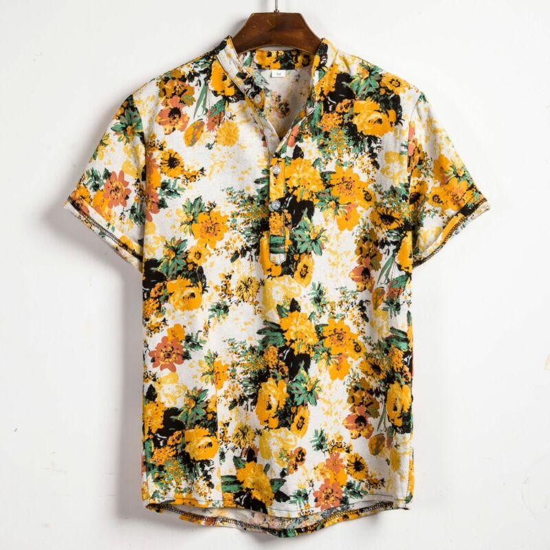 Изображение товара: Новинка 2019, стильная модная Мужская льняная рубашка с коротким рукавом, летняя Свободная Повседневная объемная рубашка с цветочным рисунком