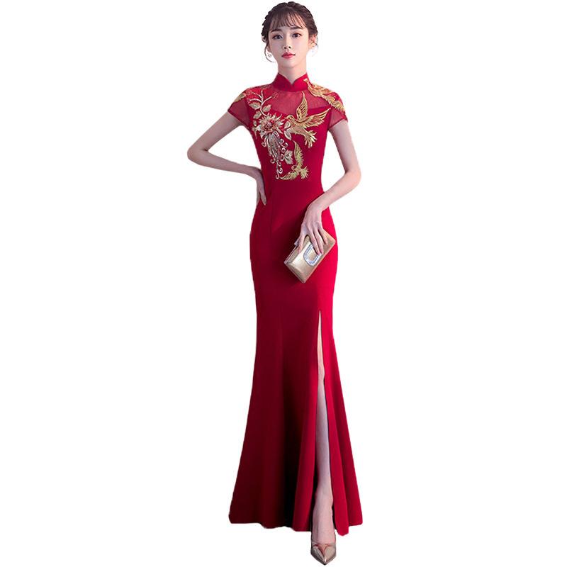 Изображение товара: Сексуальное Кружевное облегающее вечернее платье для женщин, элегантное китайское свадебное платье для невесты, винтажное Ципао с коротким рукавом, женское платье