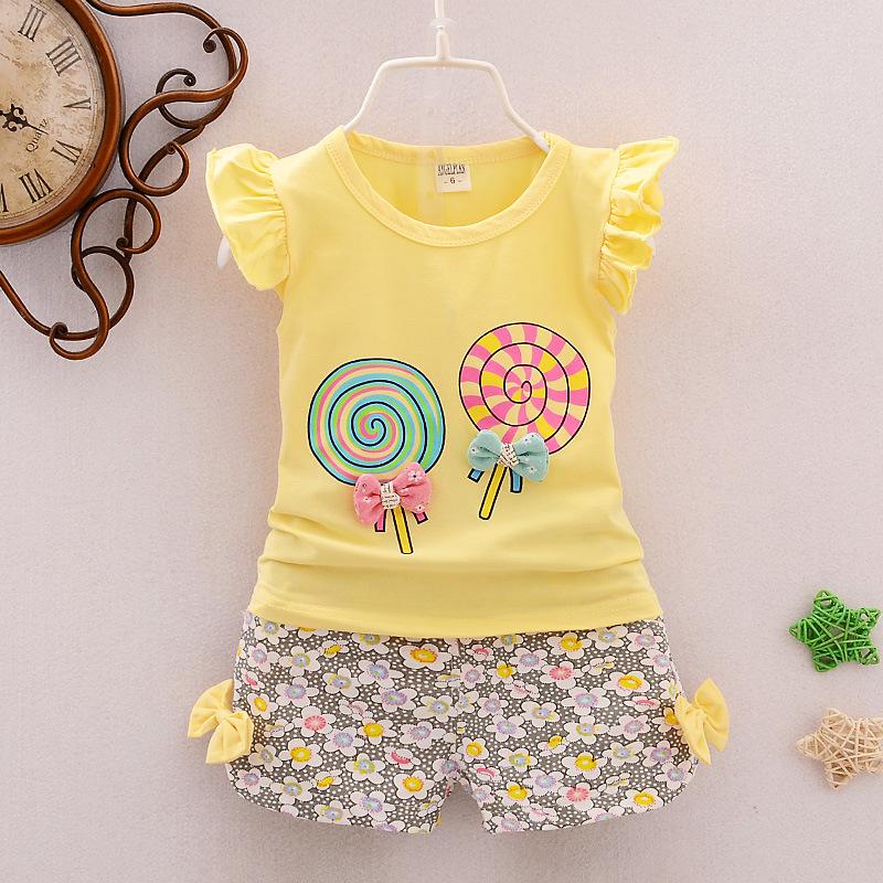Изображение товара: Корейский яркий детский комплект с коротким рукавом, Летний Новый Стиль, хлопковый костюм с коротким рукавом для маленьких девочек, подарок на день ребенка, футболка для отдыха