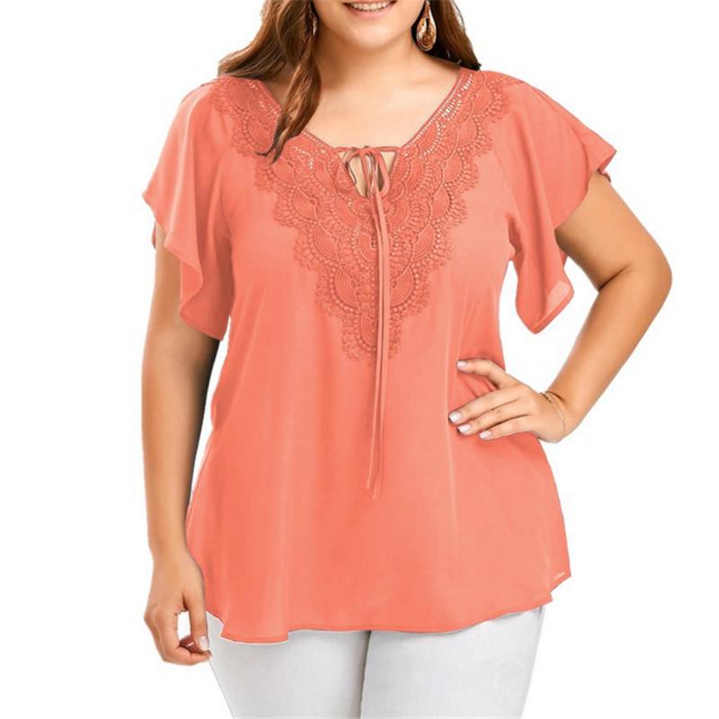 Изображение товара: Женские топы с расклешенными рукавами, однотонные, лето размера плюс, футболка, кружевная блузка, XL-5XL