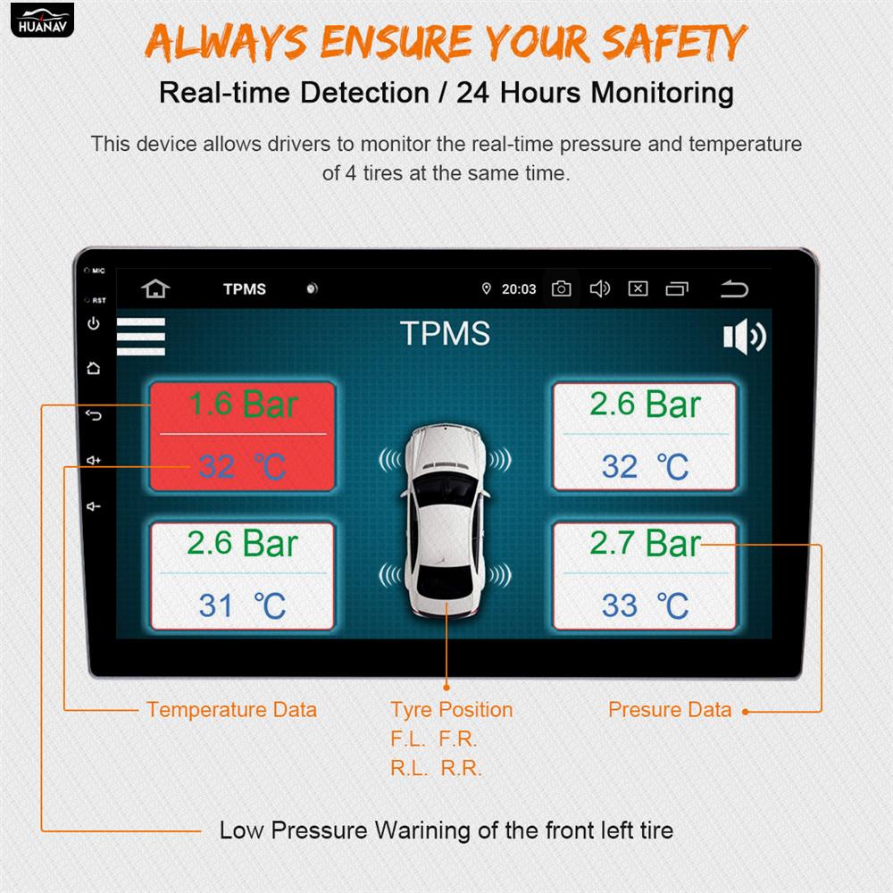 Изображение товара: HUANAV USB Android TPMS система контроля давления в шинах Система сигнализации с дисплеем 5 в внутренние датчики навигация автомобильное радио 4 датчика