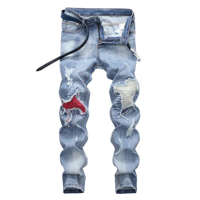 Изображение товара: Новинка 2019 года, брендовые дизайнерские модные мужские джинсы, Мужские легкие голубые брюки с дырками в стиле хип-хоп