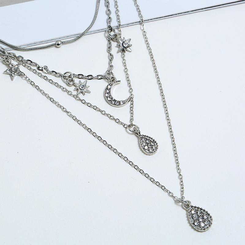 Изображение товара: HOCOLE, модное многослойное ожерелье с подвеской в виде Луны и звезды для женщин, серебряный цвет, цепочка с кристаллами, ожерелье, Женские Ювелирные изделия для вечеринок, подарки