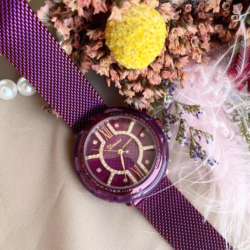 Изображение товара: Часы женские кварцевые водонепроницаемые с кристаллами, браслеты фиолетового цвета, наручные часы «миланская петля» из стали, в римском стиле, для вечеринки