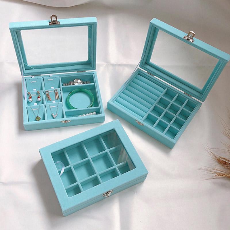 Изображение товара: Вельветовая коробка для ювелирных изделий синего цвета, чехол для колец, сережек, браслетов, украшений, органайзер для хранения