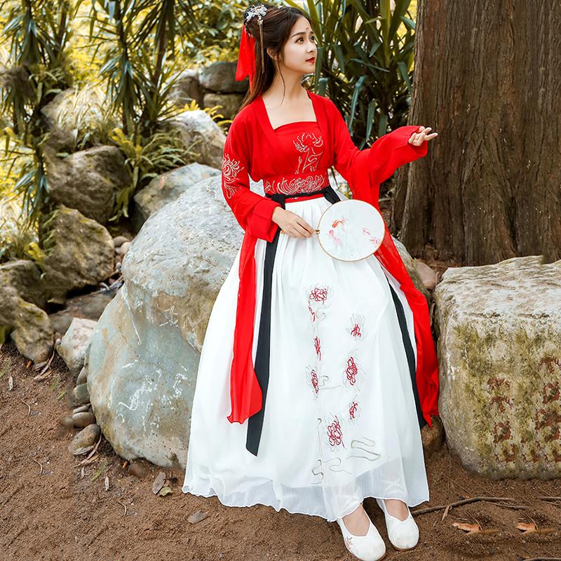 Изображение товара: Красный национальный танцевальный костюм Hanfu для женщин, наряд для китайского народного фестиваля, одежда для выступлений на сцене в восточном стиле, платье феи DF1013