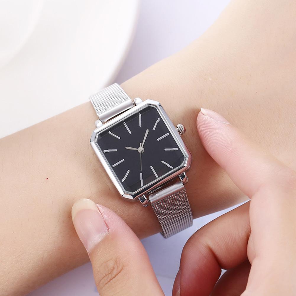 Изображение товара: Женские деловые и вечерние часы, аналоговые кварцевые наручные часы с квадратным циферблатом из сплава с сетчатым ремешком, серебристые, черные, коричневые подарочные часы
