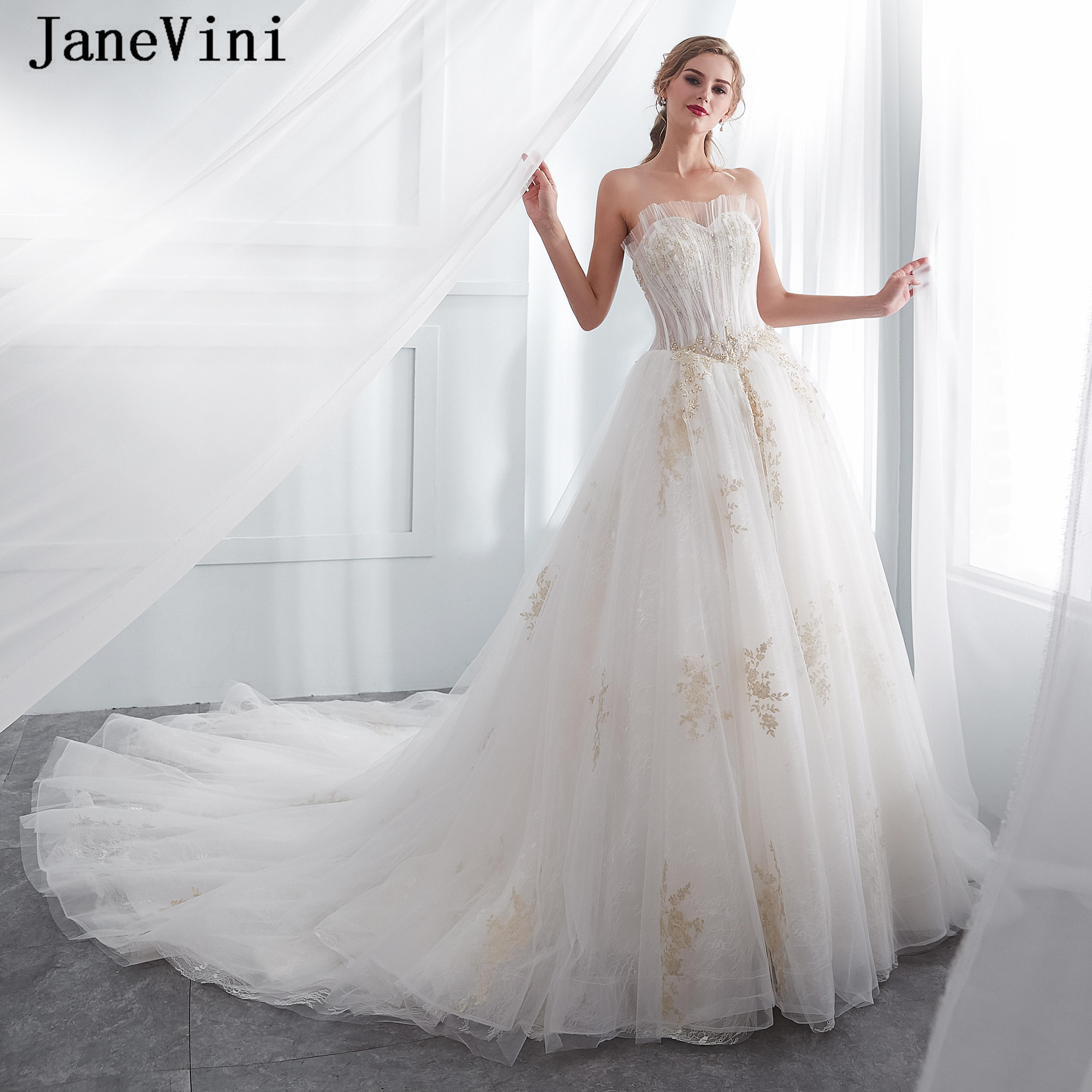 Изображение товара: JaneVini великолепные белые кружевные Длинные свадебные платья 2019 Милая Золотая аппликация свадебное платье с украшением из бусин Плюс Размер Vestido De Noiva