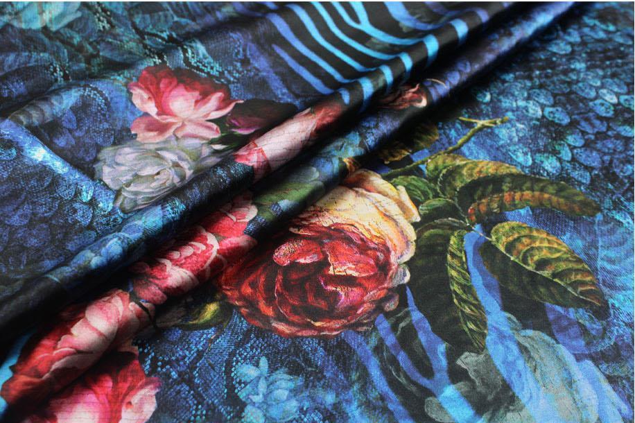 Изображение товара: ткани для поши Шелковая ткань 19 мм с синим цветочным принтом, атласная ткань, воск, японский тканый материал, ткань для занавесок, стрейчевая ткань для платья, сатин ткань 100 хлопок ткань для шитья 97% шелковая ткань
