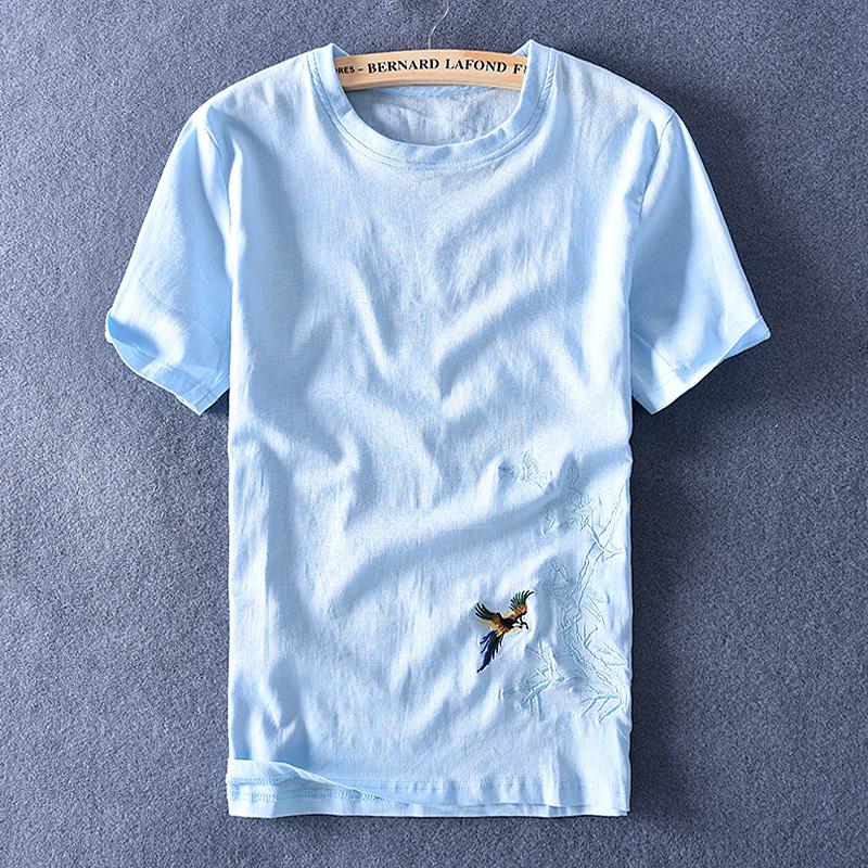Изображение товара: Новая стильная летняя футболка с коротким рукавом, Мужская брендовая синяя футболка, Мужская футболка из хлопка и льна для мужчин, модные футболки, мужская camiseta