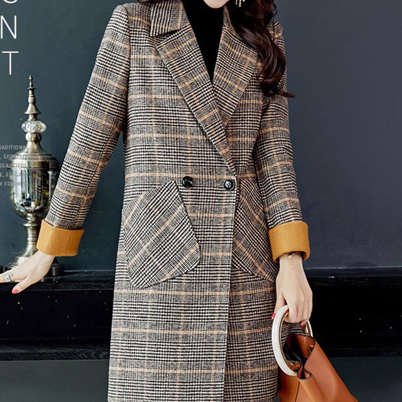 Изображение товара: Весна-Осень 2021, модное шерстяное пальто, женское Новое двубортное клетчатое пальто средней длины, винтажное шерстяное пальто для женщин AA26