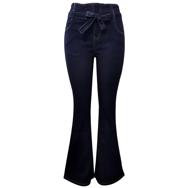 Изображение товара: Новинка 2022, Облегающие расклешенные джинсы с бантом, женские джинсы с завышенной талией для мам, джинсы стрейч со звеньями, обтягивающие брюки, штаны с колокольчиком