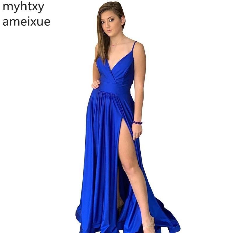 Изображение товара: Женское вечернее платье на тонких бретельках, голубое платье-трапеция большого размера с глубоким V-образным вырезом, без рукавов, для выпускного вечера
