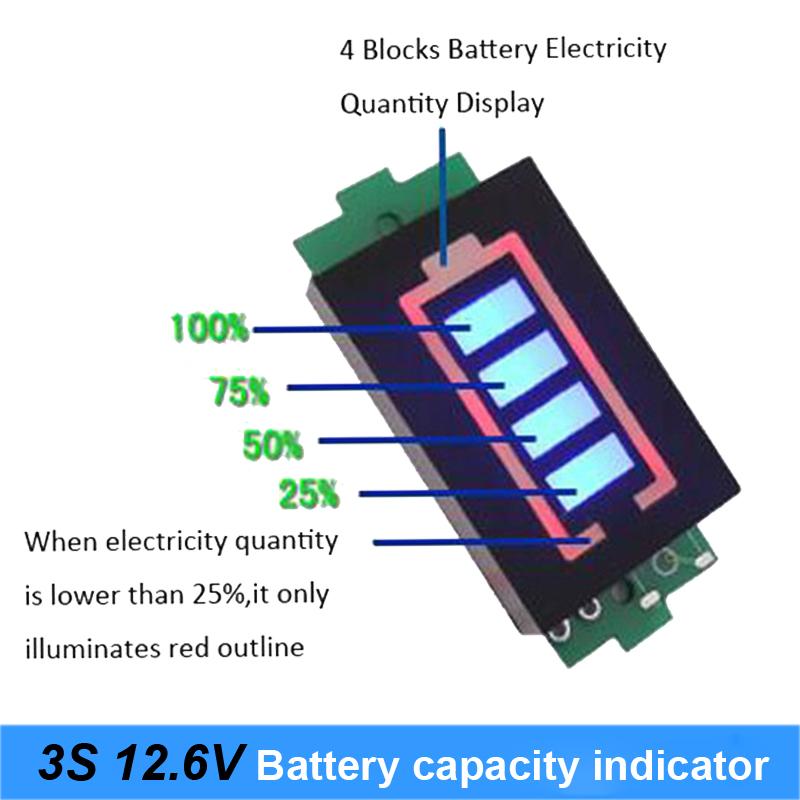 Изображение товара: Модуль индикатора емкости литиевых аккумуляторов серии 3 S, 3, 12,6 в, с синим дисплеем, тестер мощности аккумулятора электромобиля, Li-po, Li-ion, Новинка