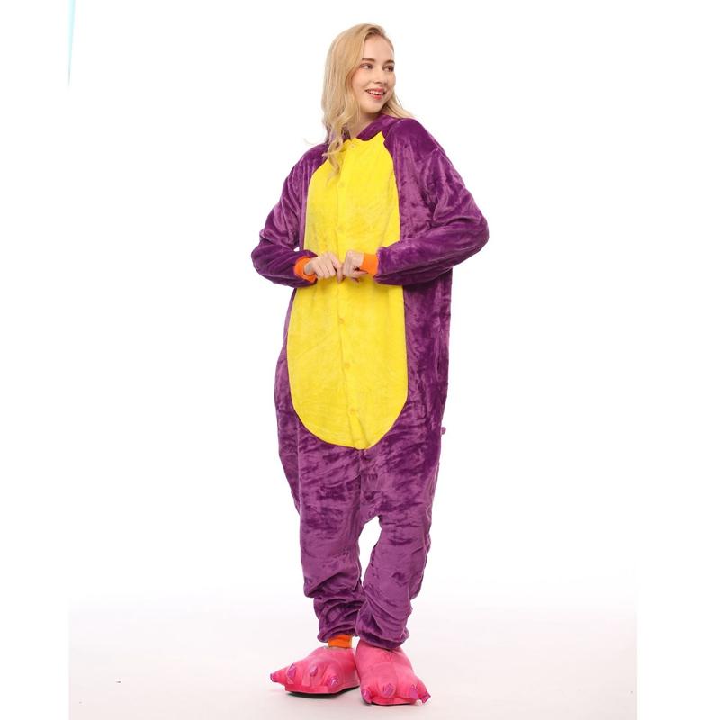 Изображение товара: Пижама для взрослых, Женская Фланелевая пижама, унисекс, милая Пижама с изображением фиолетового дракона, динозавра, мультяшное животное, пижама с капюшоном, кигуруми