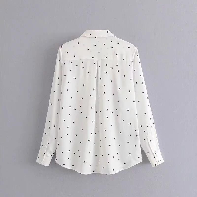 Изображение товара: Женская шифоновая рубашка, летняя Свободная блузка в горошек во французском ретро стиле, повседневные топы с длинными рукавами и отложным карманом, H9182