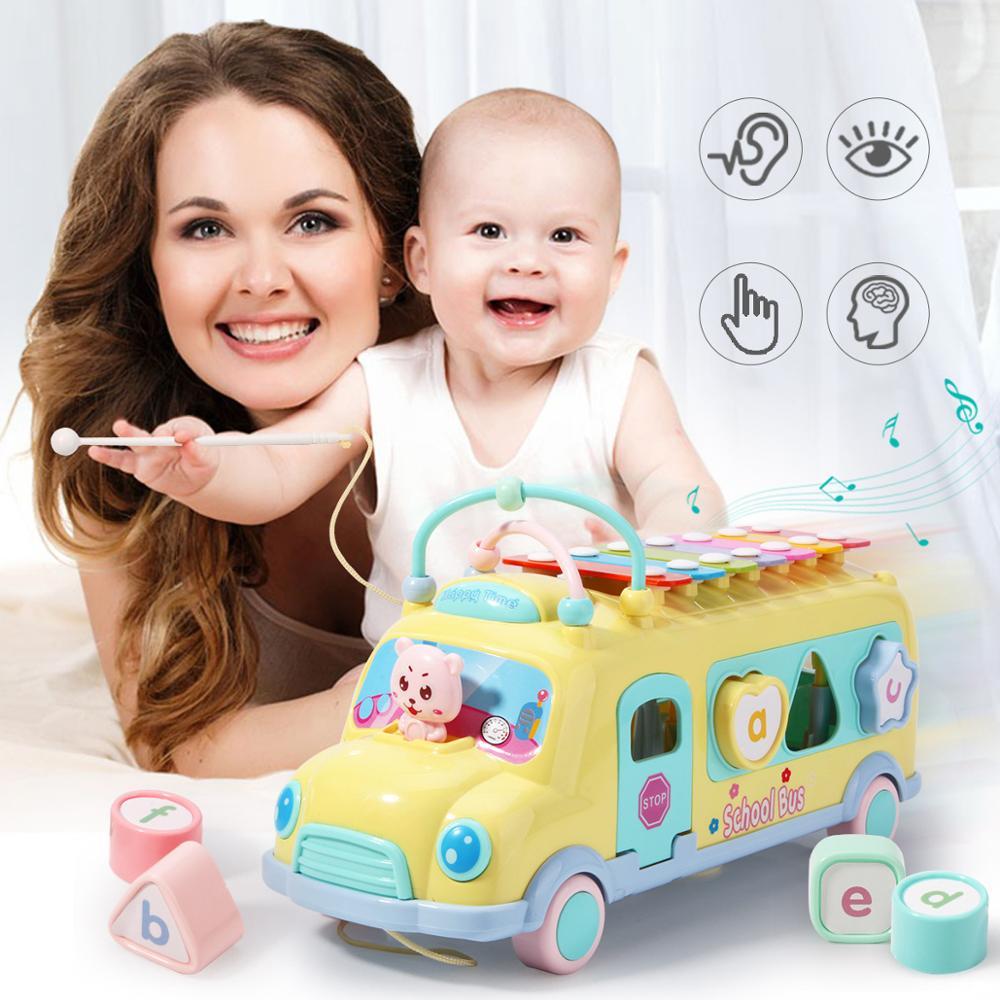 Изображение товара: Игрушечный ксилофон 5 в 1, детский музыкальный автобус, многофункциональный игрушечный автомобиль для раннего развития, сортировка бусин, Монтессори, игрушки в подарок