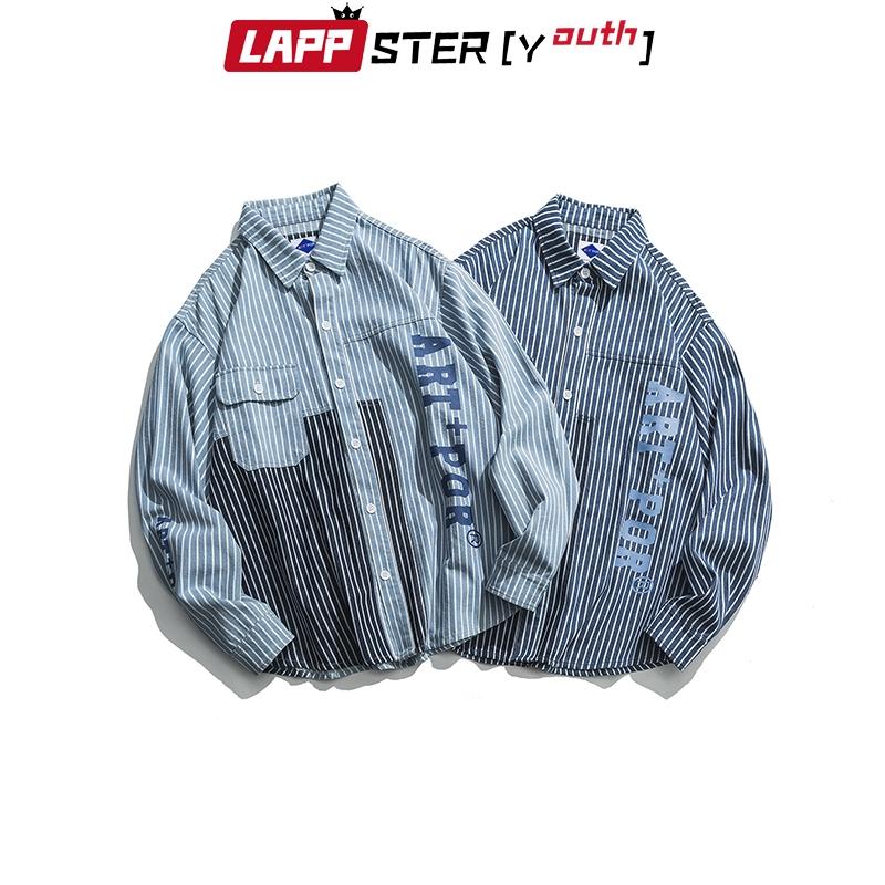 Изображение товара: Рубашка LAPPSTER Мужская джинсовая в полоску, уличная одежда в Корейском стиле, винтажная Повседневная дизайнерская синяя джинсовая рубашка в стиле Харадзюку, с длинным рукавом, 2022