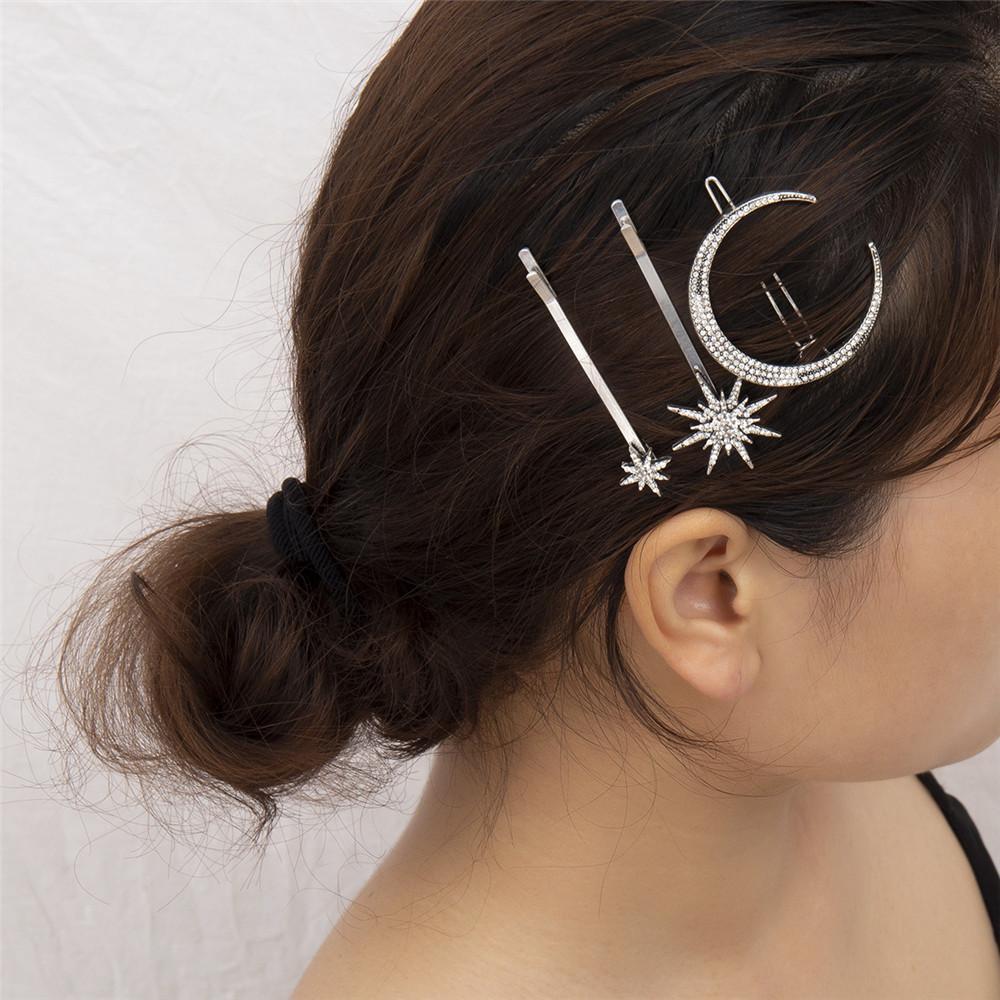 Изображение товара: Женская заколка для волос, серебристого цвета, с кристаллами, Луной и звездами, MAA-OE, Новая корейская бижутерия, Набор шпилек