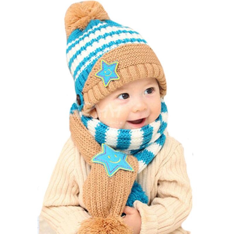Изображение товара: Модные новые зимние детские шапочки 5 звезд и шапочки шарф шапка комплект для маленьких мальчиков девочек вязаные детские шапки и кепки Бесплатная доставка