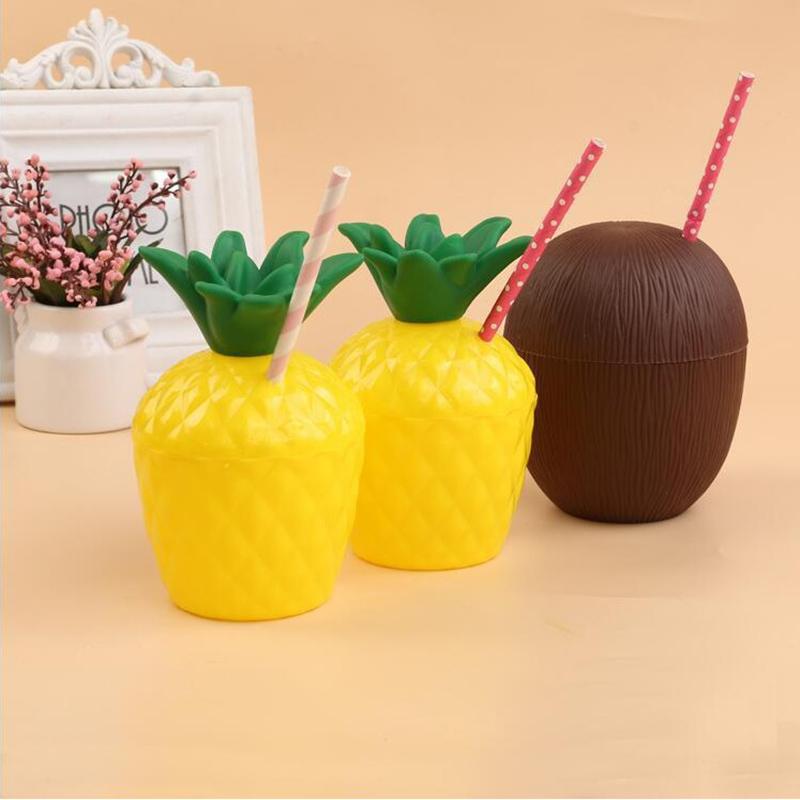 Изображение товара: Летняя Вечеринка, чашки для напитков в виде ананаса, кокоса, с соломинкой, пластиковая чашка для Гавайской вечеринки, товары для тропической вечеринки в стиле фламинго