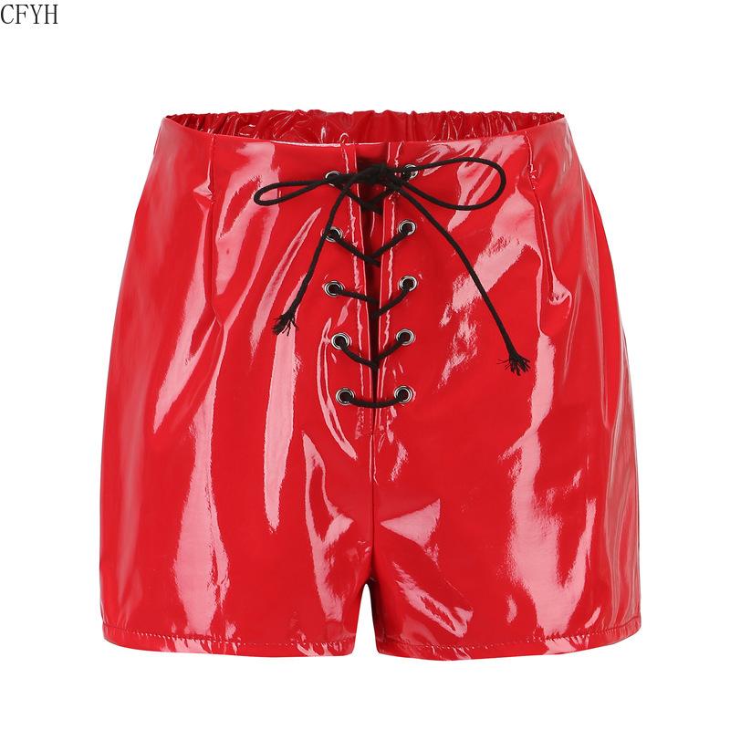 Изображение товара: Женские короткие брюки CFYH, черные Клубные шорты из искусственной кожи с люверсами на шнуровке в готическом стиле, уличная одежда, красные, Лето шорты из ПВХ