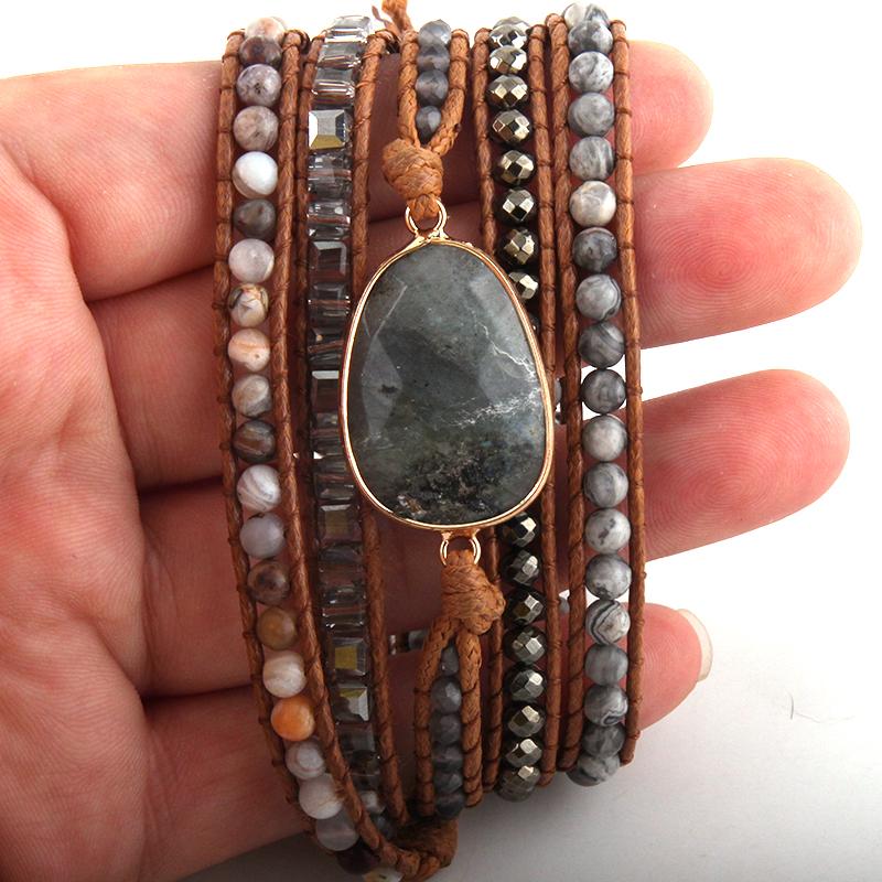 Изображение товара: Модный женский кожаный браслет ручной работы, серый смешанный натуральный камень/кристалл, 5 нитей, браслеты, Прямая поставка