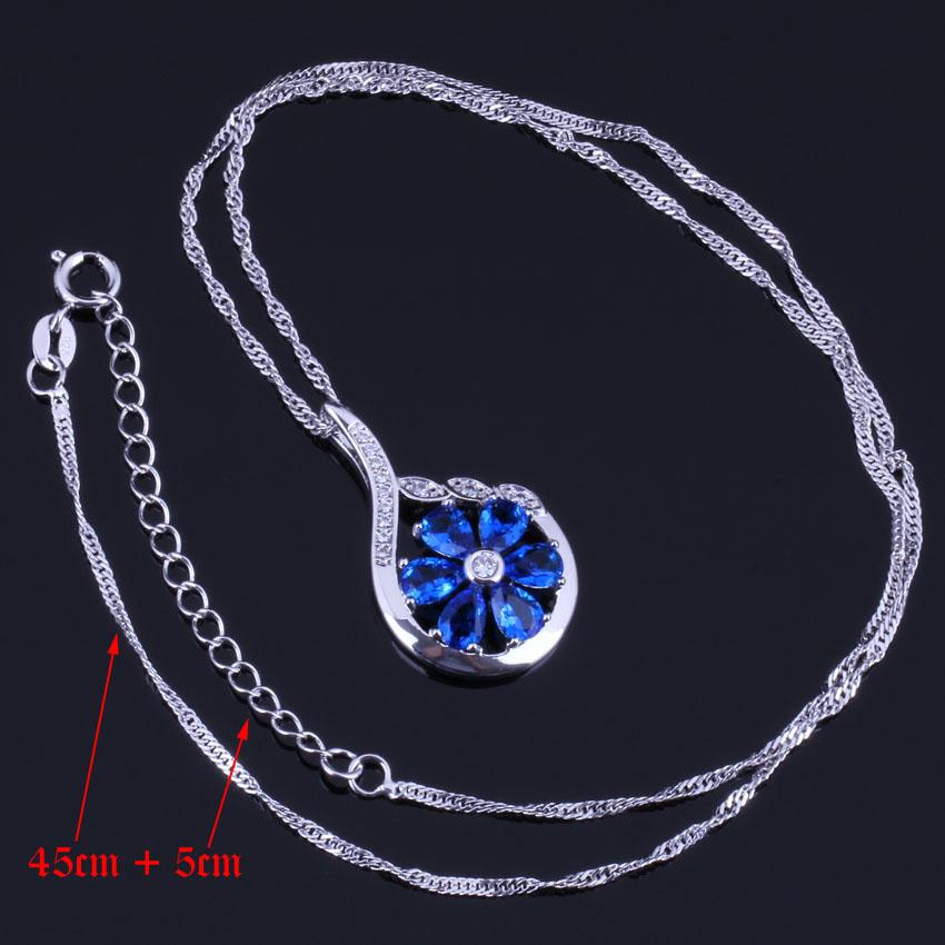 Изображение товара: Цветок синий кубический цирконий Белый CZ Посеребренные Ювелирные наборы серьги кулон цепь кольцо V0321