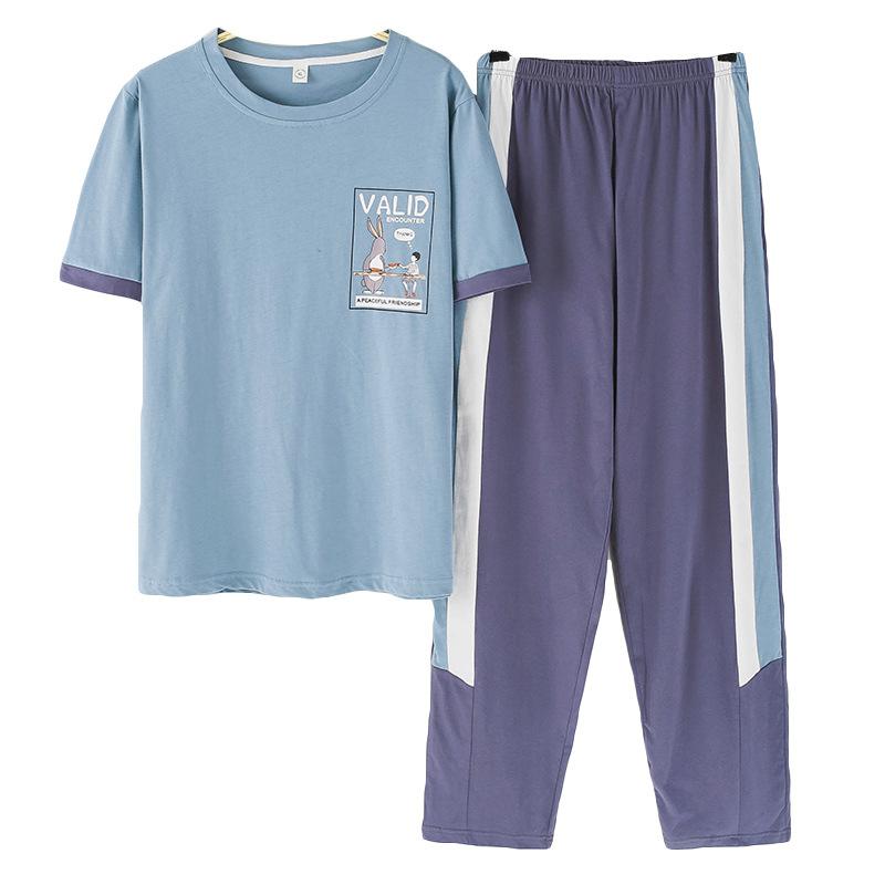 Изображение товара: Брюки мужские с коротким рукавом, Повседневная тонкая пижама из чистого хлопка, домашняя вязка, комплект из двух предметов, на лето