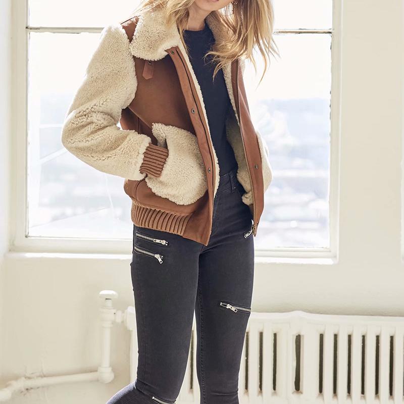 Изображение товара: 2019 осенне-зимняя женская Повседневная теплая куртка цвета хаки с мехом в стиле пэчворк Женская модная толстая верхняя одежда из замши, шерстяное пальто Femm