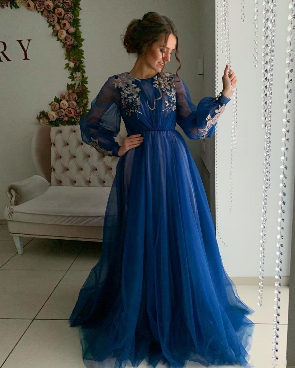 Изображение товара: Robe de soiree Дубай Королевская Синяя Длинные рукава Вечерние платья Длинные 2019 Abiye Золотые Аппликации мягкий тюль вечернее платье