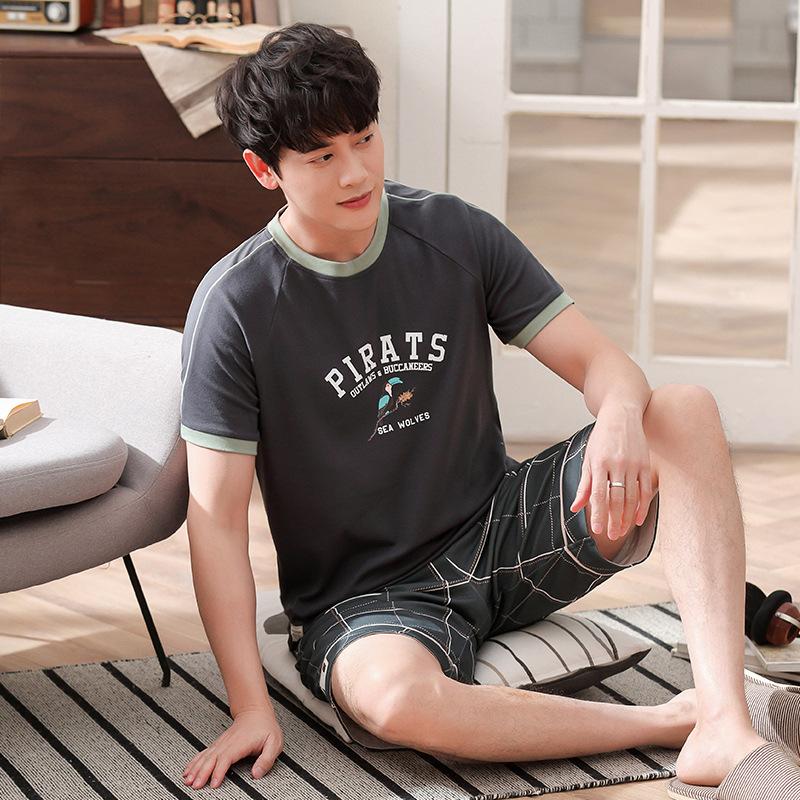 Изображение товара: Мужские летние хлопковые новые корейские пуловеры, пижамы, новые повседневные шорты с коротким рукавом, мужские пижамные комплекты из двух предметов, пижамный комплект для мужчин