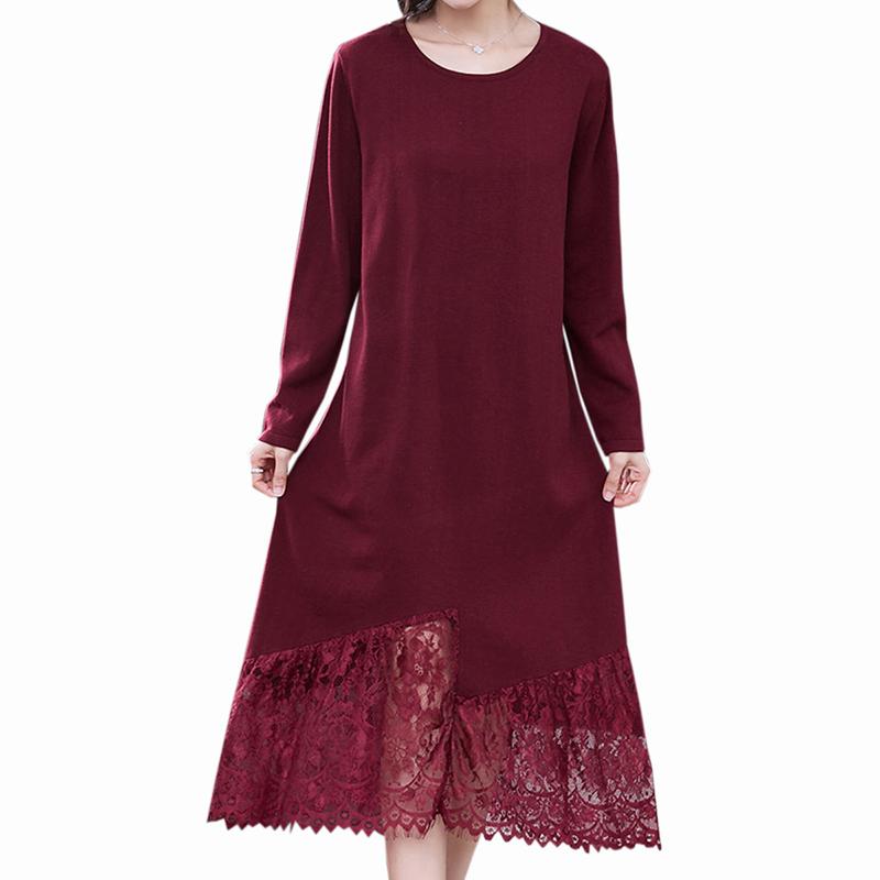 Изображение товара: Винтажное осеннее и зимнее новое платье с круглым вырезом, женское однотонное трикотажное кружевное платье, модное Свободное длинное платье-свитер для женщин