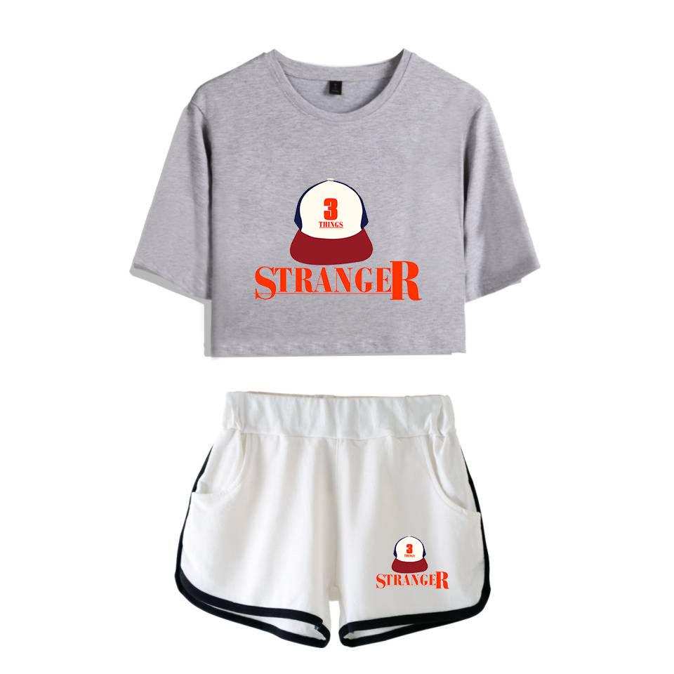 Изображение товара: Stranger Things Women 2 Piece Outfits Summer Short Sleeve Tshirt+High Waist Shorts Side Striped Pant Crop Top Casual Tracksuit