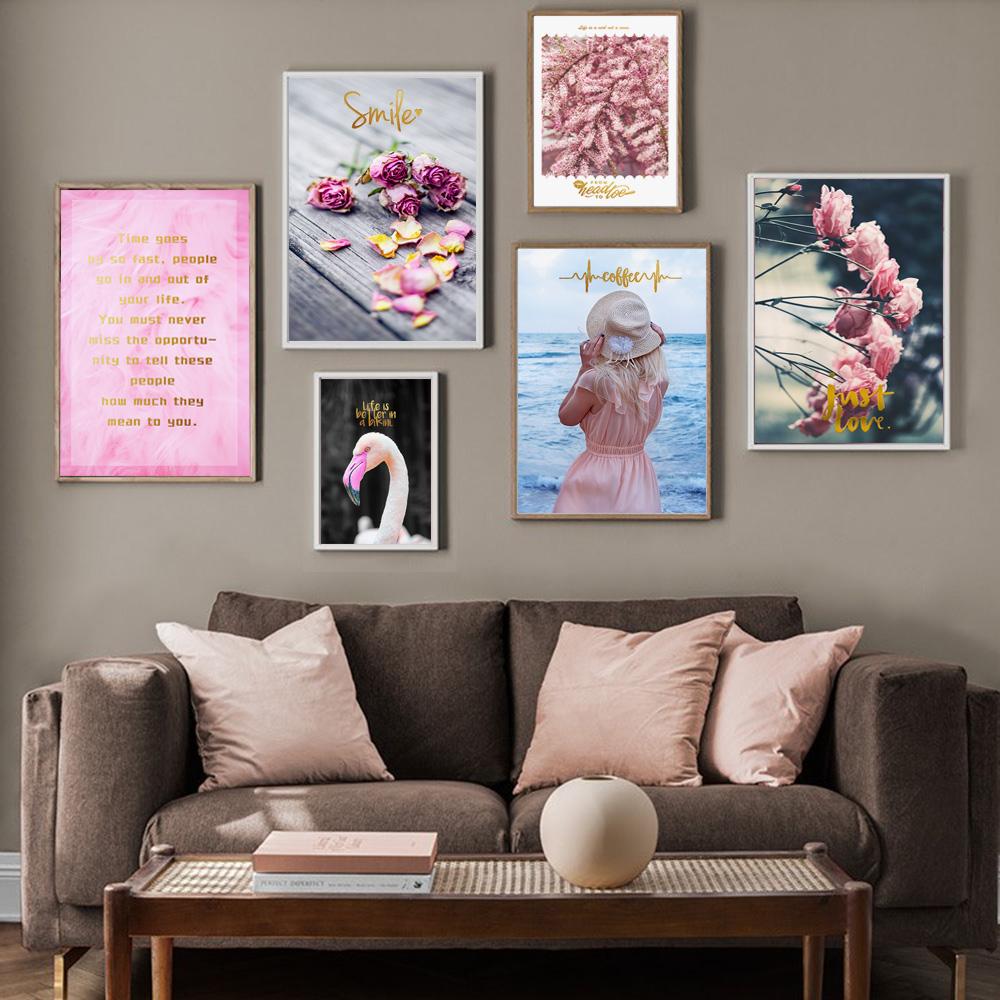 Изображение товара: Модная девушка цветок Розовое Перо цитаты настенная Картина на холсте скандинавские постеры и принты настенные картины для декора гостиной