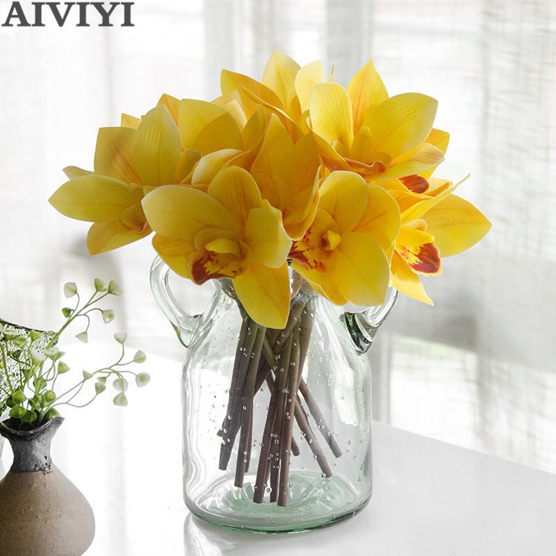 Изображение товара: Высококачественный латексный настоящий на ощупь Cymbidium цветочный букет, 4 головки, искусственное украшение, цветок орхидеи для «сделай сам», цветы для невесты