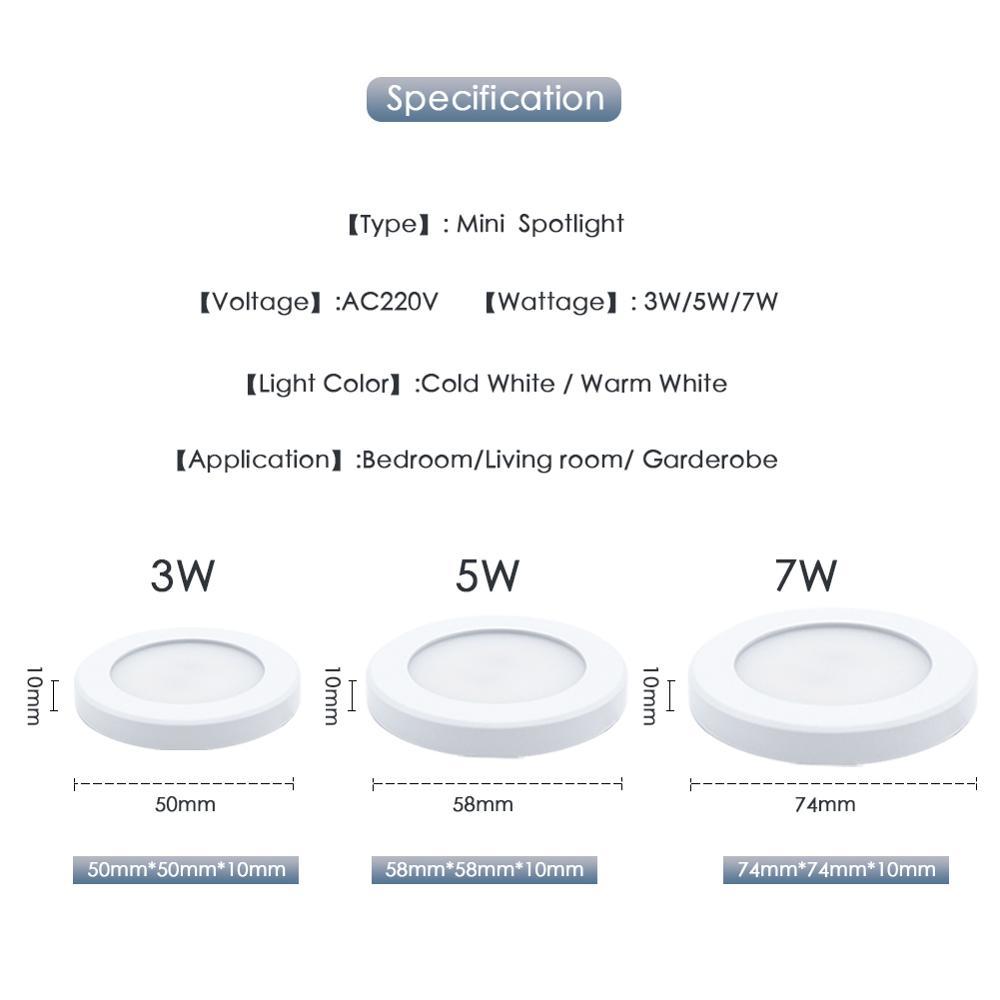 Изображение товара: Ультратонкий Светодиодный Светильник направленного света, комнатное освещение с поверхностным креплением, миниатюрный Точечный светильник для туалета, гардероба, кабинета, 3 Вт, 5 Вт, 7 Вт, 220 В переменного тока