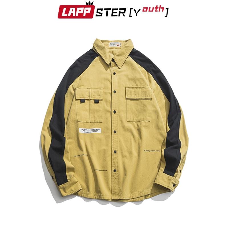 Изображение товара: Рубашка LAPPSTER мужская с пэчворком, хлопок, модная уличная одежда, стиль Харадзюку, корейский стиль, дизайнерская одежда, желтая, осень 2022