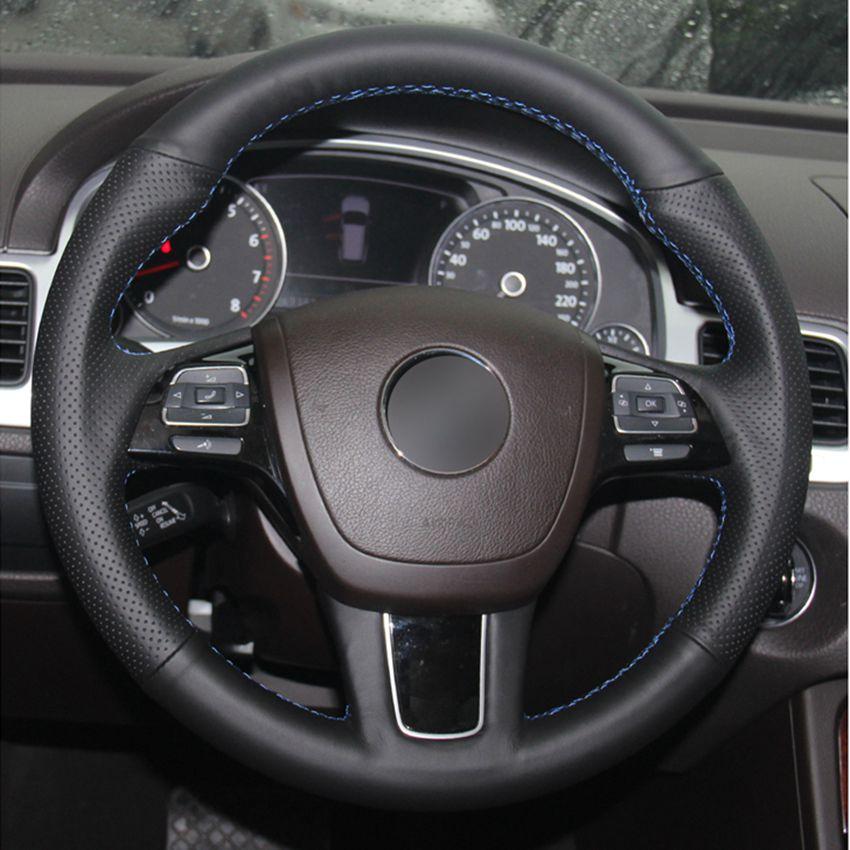 Изображение товара: Черная искусственная кожа, прошитая вручную чехол рулевого колеса автомобиля для Volkswagen VW Touareg 2011 2012 2013 2014 2015 2016 2017